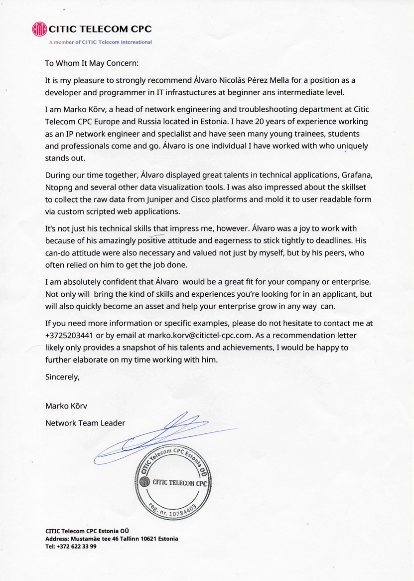 Vista previa carta de recomendación Citic Telecom CPC