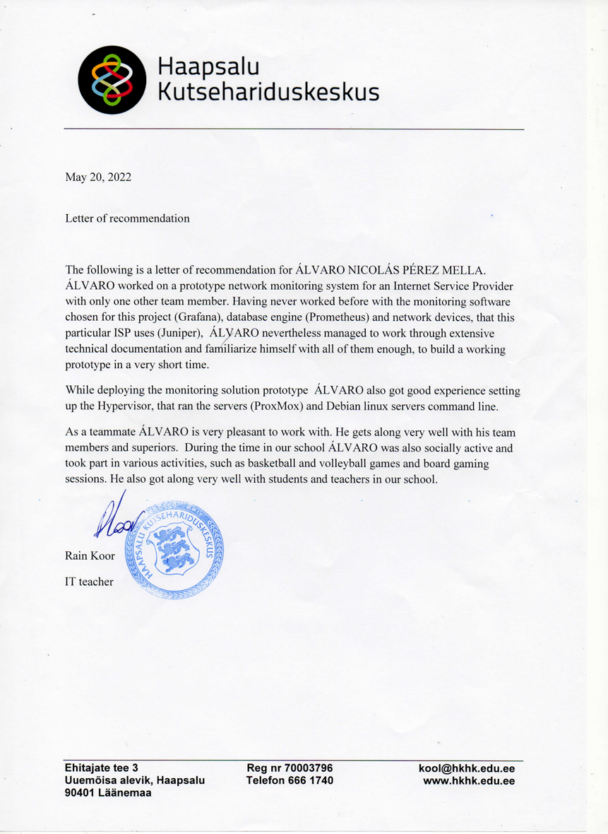 Vista previa carta de recomendación Haapsalu Kutsehariduskeskus